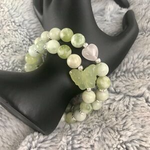 Jade & Rose Quartz Butterfly Heart Memory Wire Bracelet
